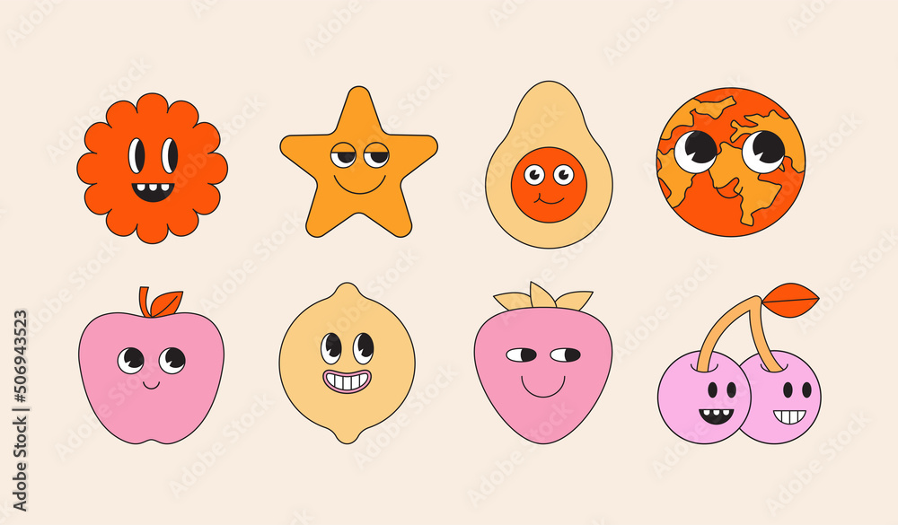 Poster Vector illustration in simple linear style - design templates - hippie, happy and groovy smiley characters
