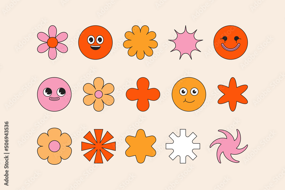 Poster vector illustration in simple linear style - design templates - hippie, happy and groovy smiley char