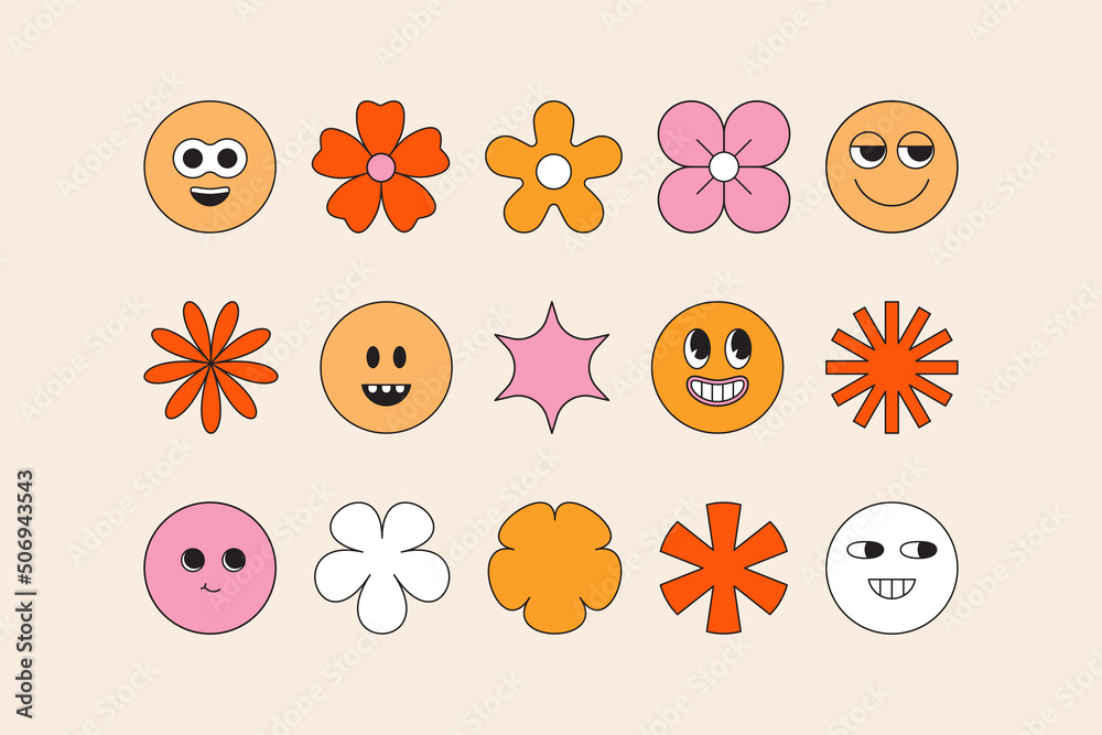 Poster Vector illustration in simple linear style - design templates - hippie, happy and groovy smiley characters