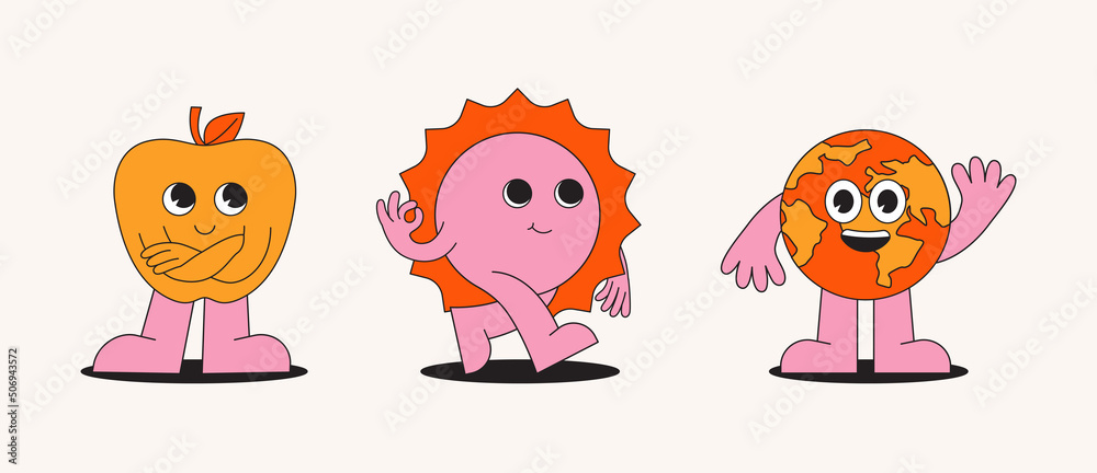 Poster Vector illustration in simple linear style - design templates - hippie, happy and groovy smiley characters