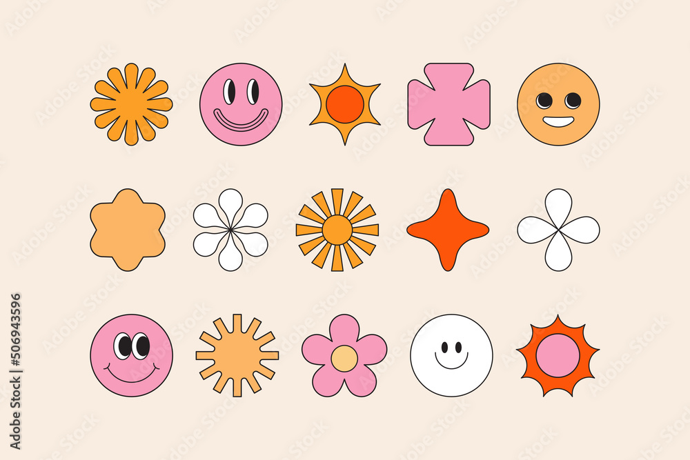 Poster vector illustration in simple linear style - design templates - hippie, happy and groovy smiley char