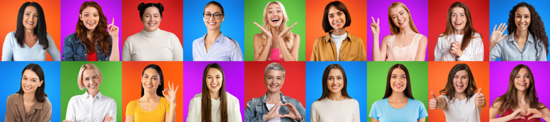 Positive Happy Females Of Different Age And Ethnicity Posing Over Colorful Backgrounds