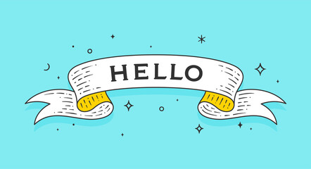 Hello. Old school vintage ribbon, retro greeting card with ribbon, text Hello. Old ribbon banner hello in engraving style. Retro vintage ribbon for banner, poster, web. Vector Illustration © foxysgraphic