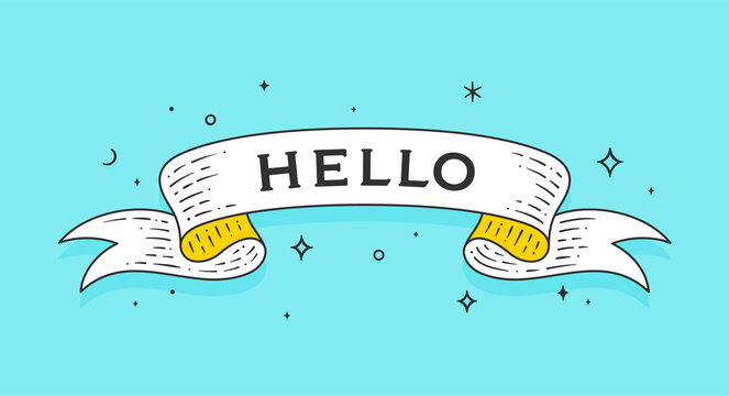 Hello. Old school vintage ribbon, retro greeting card with ribbon, text Hello. Old ribbon banner hello in engraving style. Retro vintage ribbon for banner, poster, web. Vector Illustration