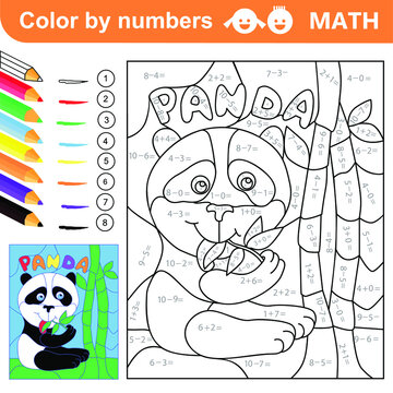 Color by numbers - addition and subtraction worksheet for education. Coloring book. Solve examples and paint Panda eat bamboo. Math exercises worksheet. Developing counting learn. Print page for kids