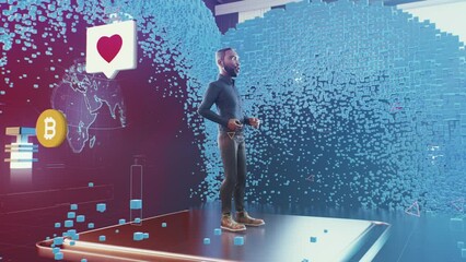 African American man puts on virtual reality headset and enters the cyberspace of the metaverse into the virtual world with interfaces surrounding it