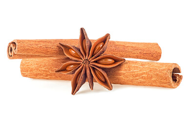 Cinnamon sticks and anise star isolated on a white background. Spices.