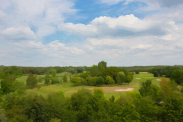 Top view of golf course landscape with sand traps and dense vegetation, oil on canvas filter effect