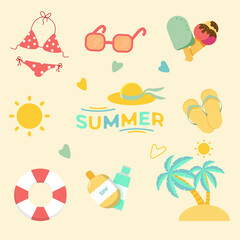 Vector collection of summer stickers in flat style.