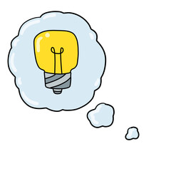 Light bulb. Bubble cloud with thoughts and idea. Mind and electric lamp. Hand drawn doodle illustration