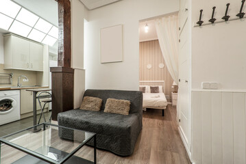 Studio apartment with open kitchen, living room with sofa bed, side table and access to bedroom with double bed