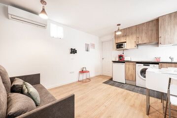 Studio apartment with open kitchen, living room with folding sofa bed upholstered in gray fabric and wooden floors.