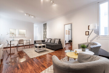 spacious living room with wingback sofas, auxiliary coffee tables, sofa bed with chaise longue, chromed metal dining table and white glass top