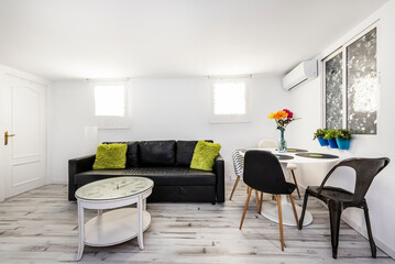 Studio apartment with round white dining table, mismatched chairs, round coffee table and black leather upholstered sofa bed