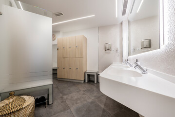 Toilet of a locker room of a gym with lockers and resin sink