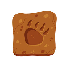 Footprints of a fossil dinosaur. Dino reptile foot trail. Paw in brown clay or stone.