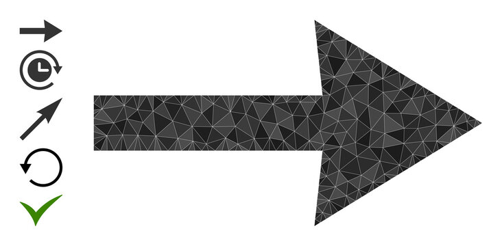 Vector triangulated right arrow icon image designed with chaotic filled triangles. Triangulated right arrow polygonal icon vector illustration.