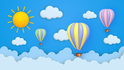 Cute background with 3d hot air balloons, clouds on a blue sky. Paper cut and 3d cartoon style.