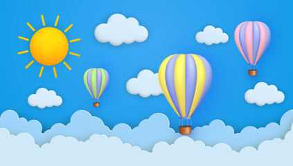 Fototapeta premium Cute background with 3d hot air balloons, clouds on a blue sky. Paper cut and 3d cartoon style.