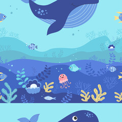 Seamless pattern with cute blue whale with fish, jellyfish and algae and pearls and underwater landscape. Vector illustration with sea animals and underwater world for kids collection, design