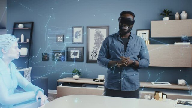 African American man in VR glasses in the cyberspace of the meta universe at a business meeting, discussing artificial intelligence depicted as a hologram with avatars of colleagues.