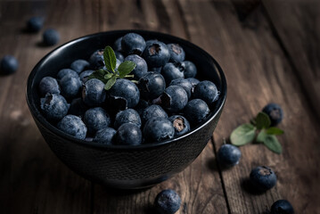 close-up of fresh blueberries in a black bowl on a wooden table. close-up view