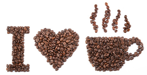 coffee beans in heart shape white background isolated.