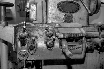  Metalworking workshop, metal processing machines.  Vintage Industrial Machinery in a old factory - black and white photo