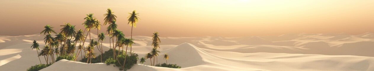Obraz premium Oasis at sunset in a sandy desert, a panorama of the desert with palm trees, 3d rendering