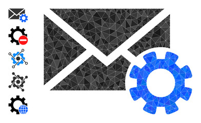 Vector low-poly mail options icon illustration is combined with randomized filled triangle items. Triangulated mail options polygonal 2d vector illustration.