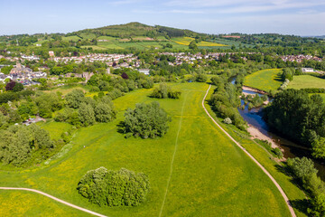 Aerial view of the River Usk and rural Welsh town of Abergavenny
