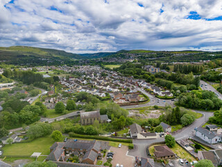 Fototapeta na wymiar Aerial view of the Welsh valleys town of Ebbw Vale in early summer
