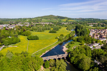 Aerial view of an old bridge over the River Usk in Abergavenny