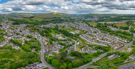 Aerial view of the Welsh valleys town of Ebbw Vale in early summer