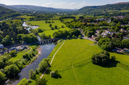 Aerial view of an old bridge over the River Usk in Abergavenny