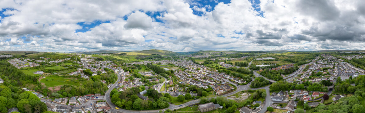 Aerial view of the Welsh valleys town of Ebbw Vale in early summer