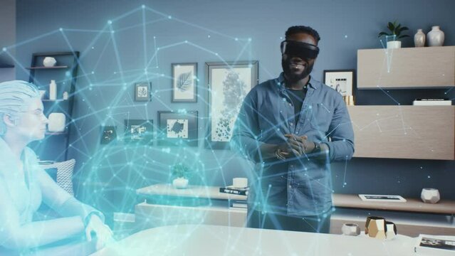 African American man in VR glasses in the cyberspace of the meta universe at a business meeting, discussing artificial intelligence depicted as a hologram with avatars of colleagues.