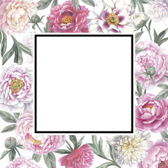 Frame with peonies. Floral template for a sale cards or greeting invitations. Isolated object on white background. Hand drawn botanical illustration.