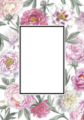 Frame with peonies. Floral template for a sale cards or greeting invitations. Isolated object on white background. Hand drawn botanical illustration.