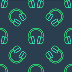 Line Headphones icon isolated seamless pattern on blue background. Earphones. Concept for listening to music, service, communication and operator. Vector