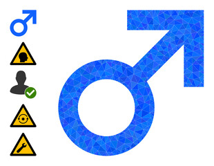 Vector triangulated male sign icon illustration combined with scattered filled triangle parts. Triangle male sign polygonal icon vector illustration.