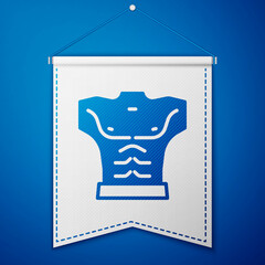 Blue Bodybuilder showing his muscles icon isolated on blue background. Fit fitness strength health hobby concept. White pennant template. Vector