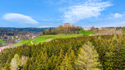 Fototapeta na wymiar Pecka medieval castle from above