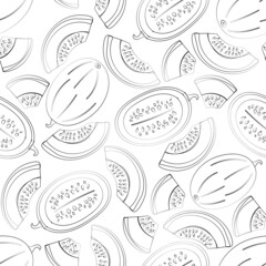 Seamless contour pattern of melon, melon halves and melon pieces on a white background. Fruity summer pattern. Vector illustration