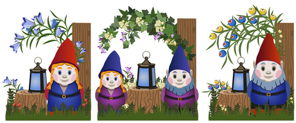 Garden landscape set with gnomes, flowers, tree, stamp, lantern. Vector illustration.