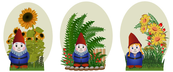 Garden landscape set with gnomes, flowers, grass on light yellow background. Vector illustration.