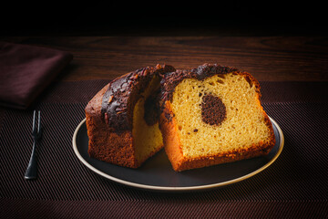 Homemade chocolate marble cake. Chocolate vanilla pancake. Sweet pastries.