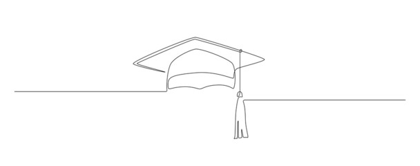 Fototapeta na wymiar One continuous line drawing of graduation hat. Studying thin symbol or logo in simple linear style. Concept of student of university college and school. Editable stroke. Doodle vector illustration
