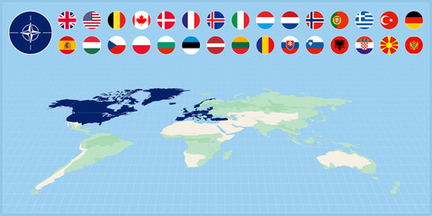 Member countries of North Atlantic alliance selected on world map. Flag set of alliance members.