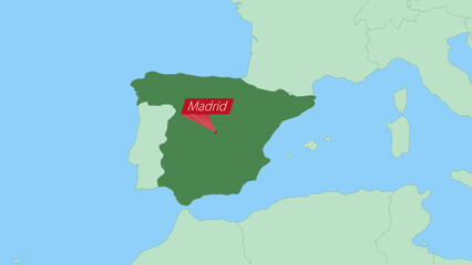 Map of Spain with pin of country capital.